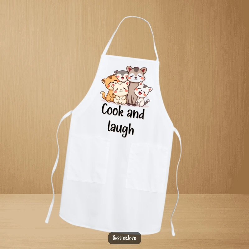 Funny animal apron illustrating a group of whimsical friends laughing heartily, eyes watering, perfect for joyful cooking.