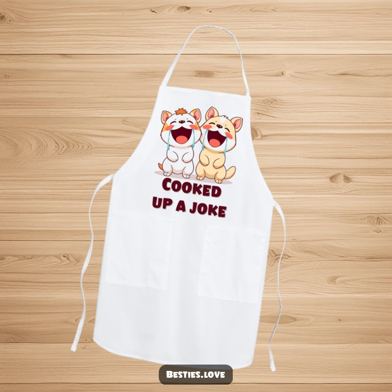 Funny apron depicting two animals in fits of laughter, tears flowing, perfect for chefs who enjoy humor and a clean apron.