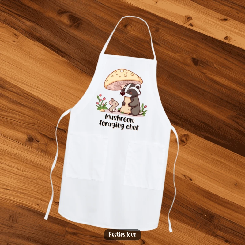 Funny apron with a shy mouse peeking from under a mushroom at a proud badger, ideal for kitchen fun and nature-themed cooking.