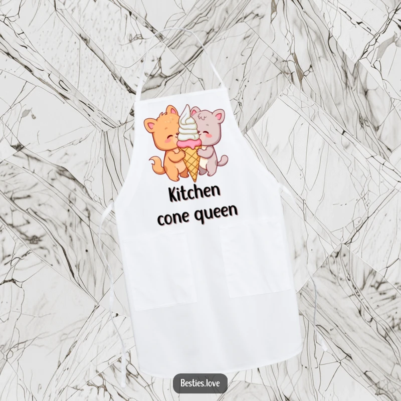 Funny animal apron illustrating two joyful friends sharing a huge ice cream cone, perfect for sweet kitchen activities.