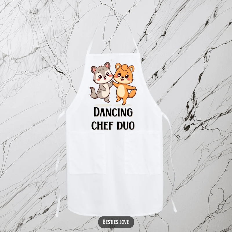 Funny apron with two animals dancing joyfully, each sporting starry-eyed expressions, perfect for adding cheer to cooking.