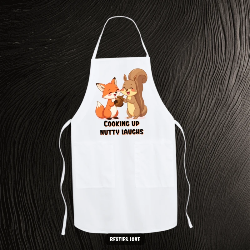 Funny apron with a happy fox and a spirited squirrel sharing a giant acorn and giggling, perfect for a humorous cooking experience.
