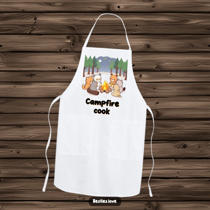 Funny kawaii animals telling stories around a campfire, a humorous apron for the kitchen, great gift.