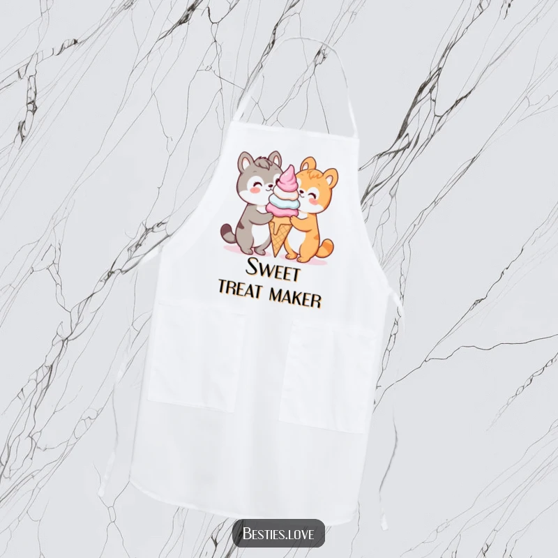 Funny kawaii animals sharing a giant ice cream cone, a humorous apron for culinary adventures, great gift.
