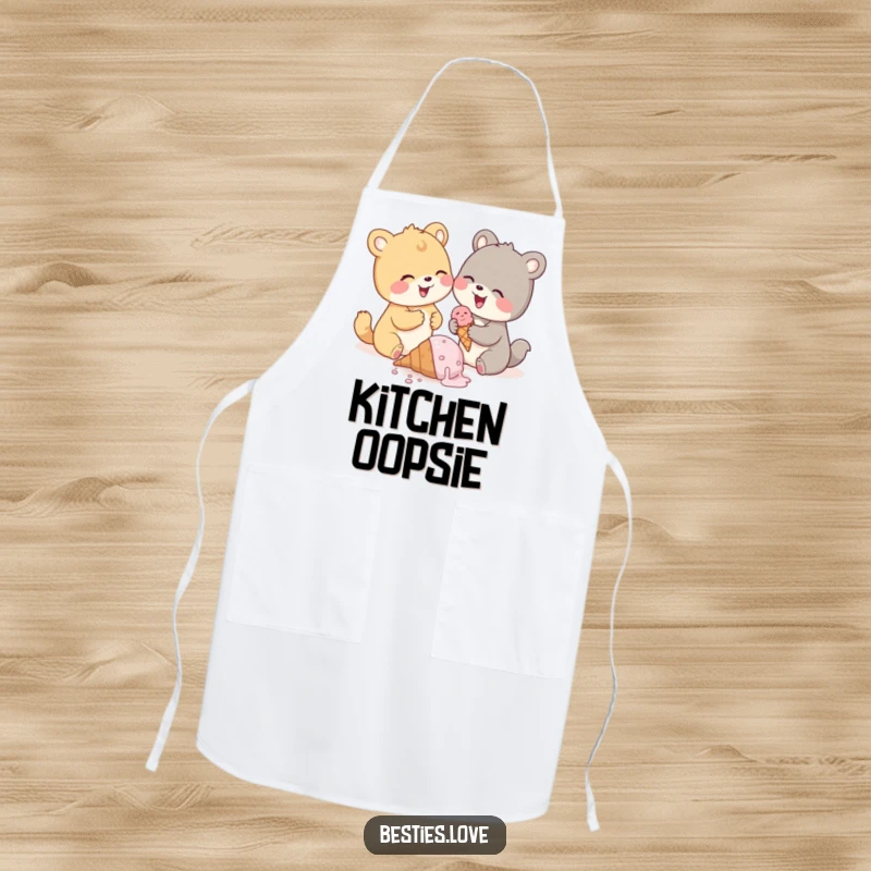 Funny animal pals apron, two cute animals giggling over a spilled ice cream cone, kitchen accessory.
