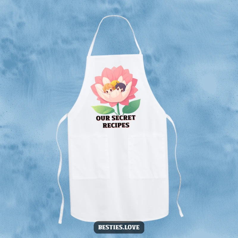 Funny apron with two characters peeking from behind a large, vibrant flower, perfect for adding playful charm to cooking.
