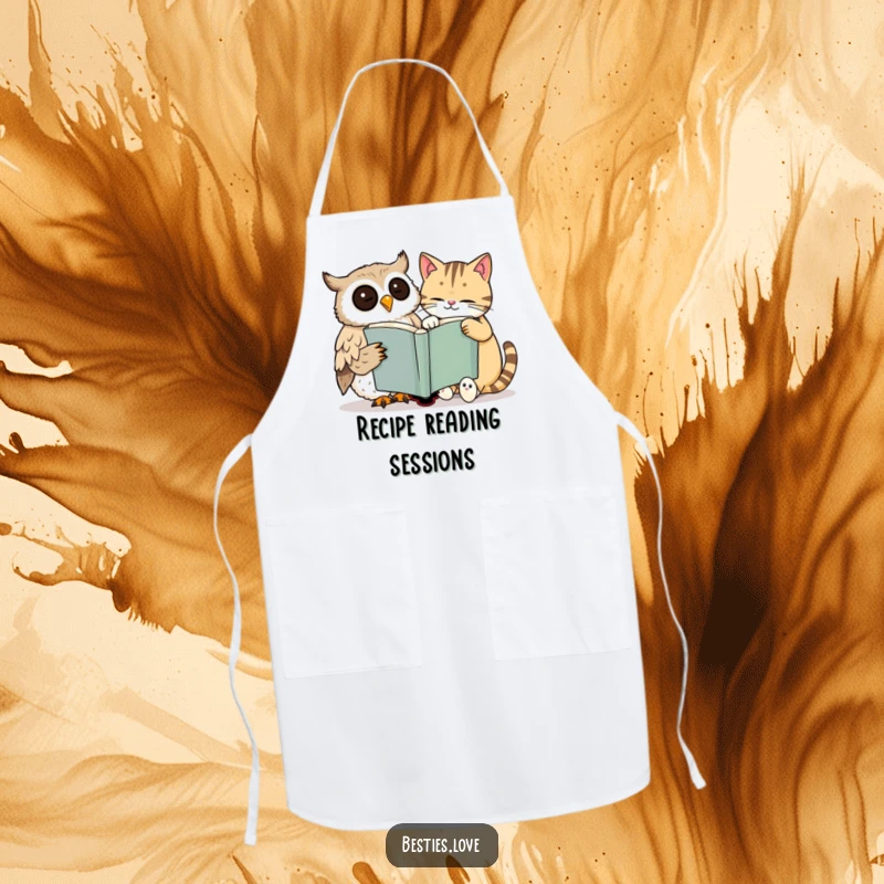 Funny apron with a smiling owl and a sleepy cat sharing a large book, perfect for a humorous and cozy cooking session.