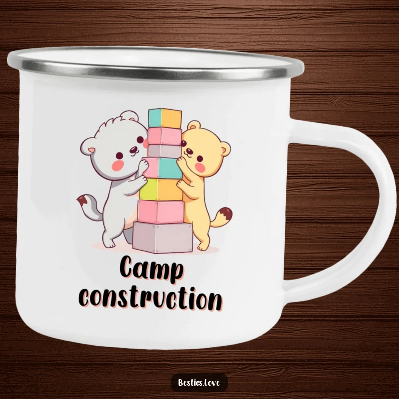 Funny Bestie Animals Camping Mug: Two animals humorously building a shaky tower of blocks, perfect for outdoor endeavors and smiles.