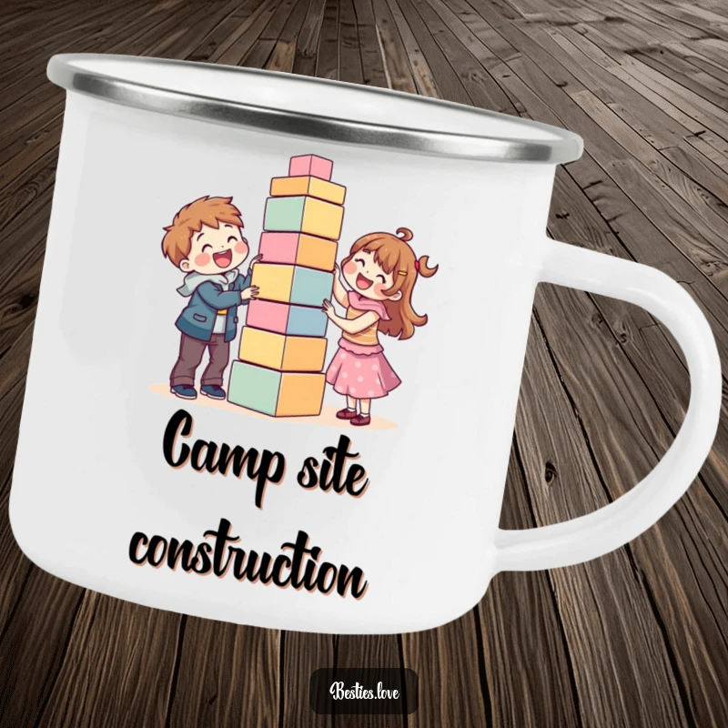 Funny camping mug featuring happy best friends building a precarious, tall block tower, perfect for enjoying drinks in nature.