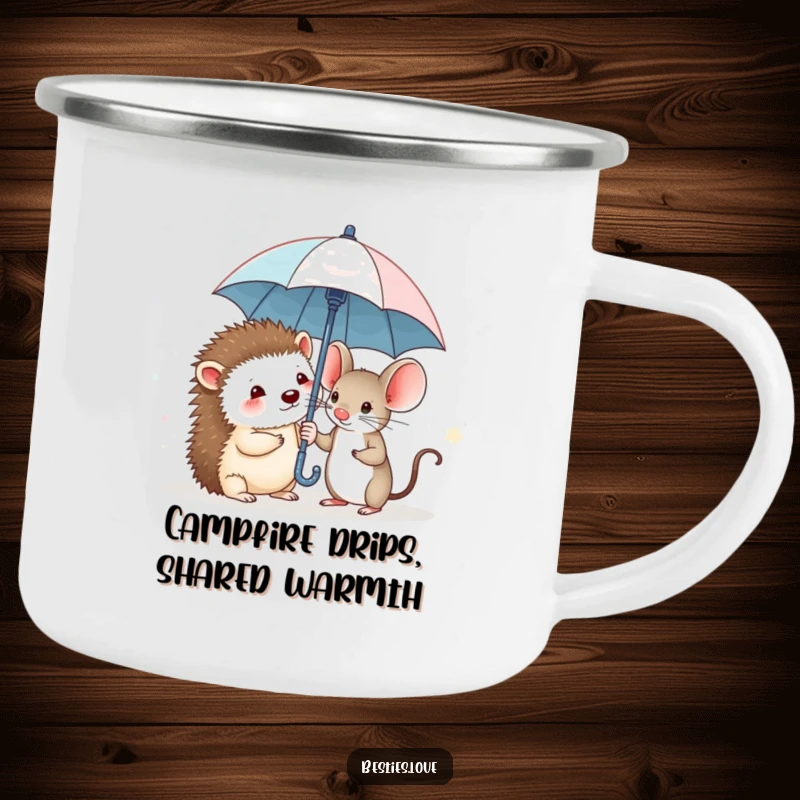 Funny camping mug showing a timid hedgehog and a courageous mouse sharing a very small umbrella, steadfast companions on any adventure.