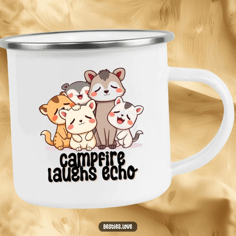 Funny animal camping mug showing a group of whimsical friends laughing heartily, eyes teary, perfect for hilarious outdoor moments.