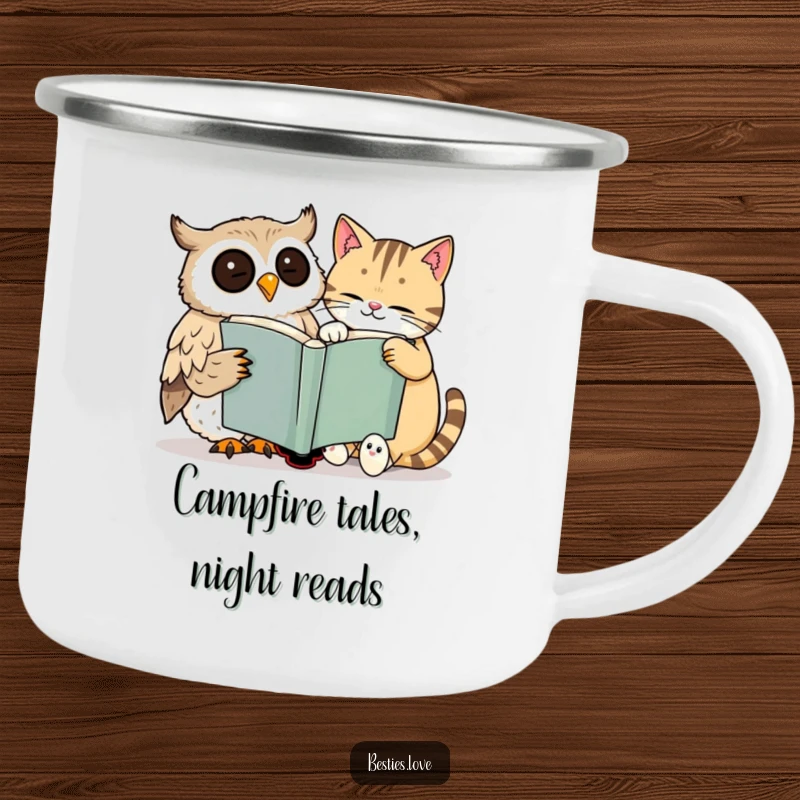 Funny camping mug with a smiling owl and a dozing cat sharing a large book, ideal for campfires and shared stories.
