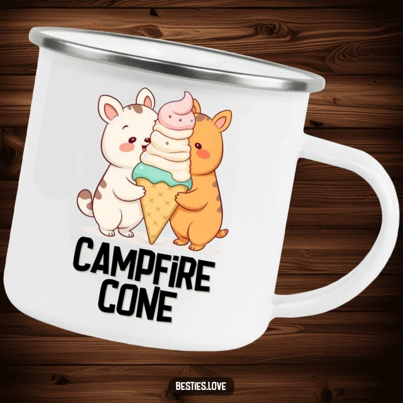 Funny camping mug with two cartoon animals sharing a comically large ice cream cone, ready for outdoor fun.