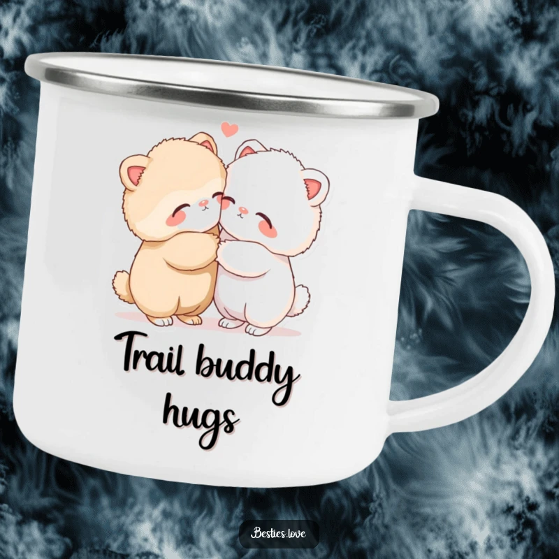 Funny camping mug with two fluffy animals in a warm hug, ideal for enjoying hot beverages while camping and sharing smiles.
