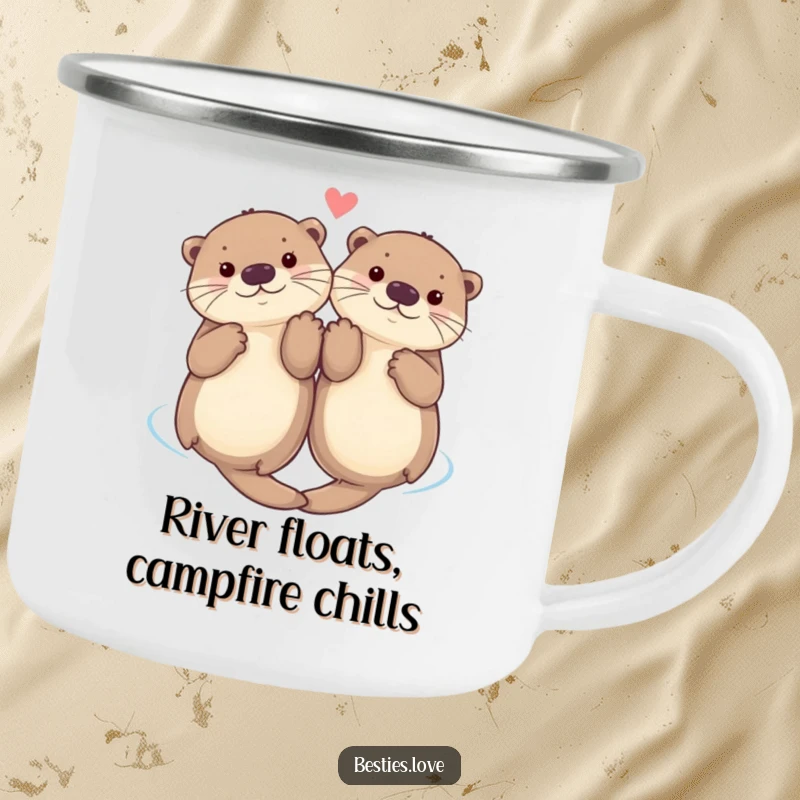 Funny camping mug with two cute otters floating on their backs, holding paws, ideal for enjoying nature and good company.
