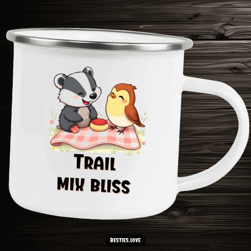 Funny Camping Mug: A happy badger and cheerful robin share a picnic, laughing outdoors, ideal for adventurers who love humor.