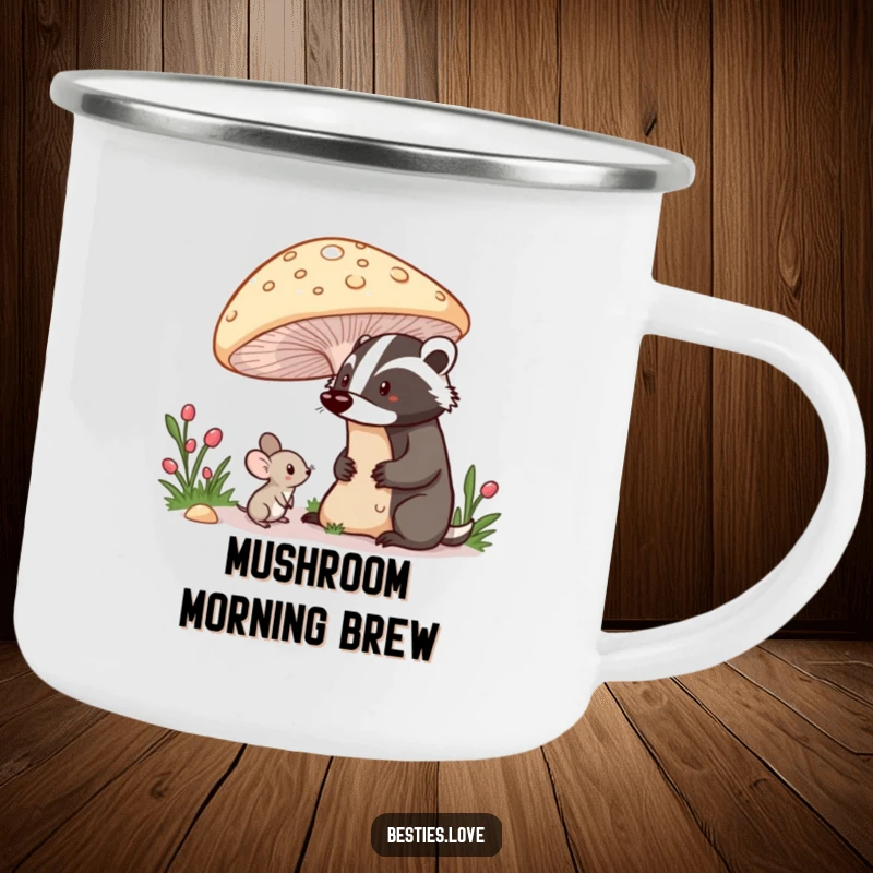 Funny camping mug with a shy mouse peeking from under a mushroom at a proud badger, perfect for outdoor exploration with woodland art.