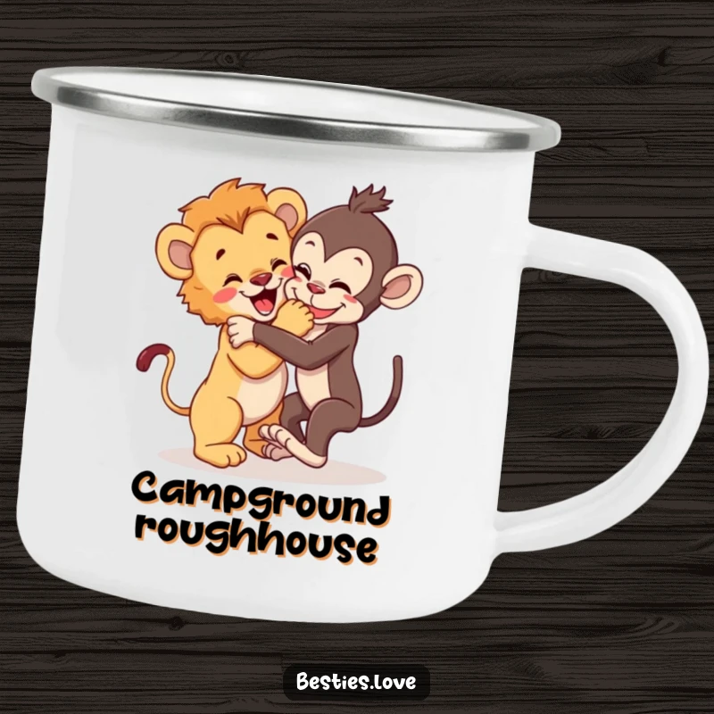 Funny Camping Mug: A lion cub and a playful monkey wrestling joyfully, ideal for adventurers who appreciate humorous and energetic designs.