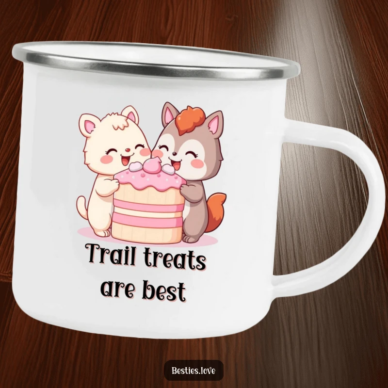 Funny Camping Mug showing two animals sharing a giant piece of cake with pleased smiles, perfect for enjoying drinks on outdoor adventures with a sweet, humorous touch.