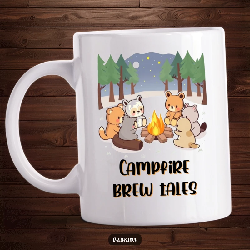 Funny kawaii animals gathered around a campfire telling stories, a cozy and humorous mug, perfect for gift-givers.