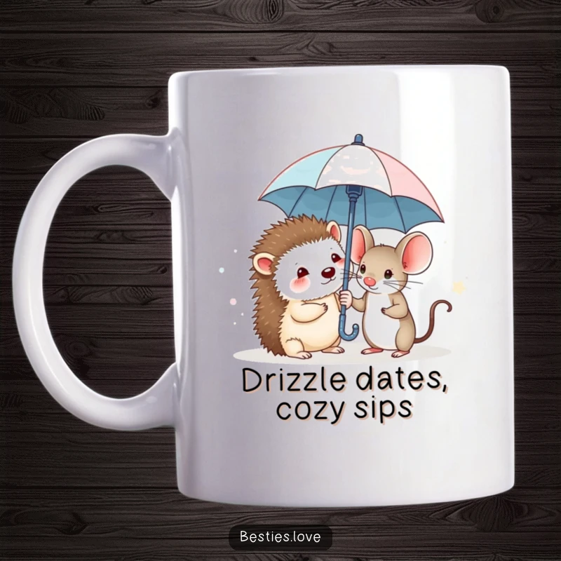Funny mug showing a timid hedgehog and a plucky mouse sharing a minuscule umbrella, bravely facing the downpour together with cute determination.