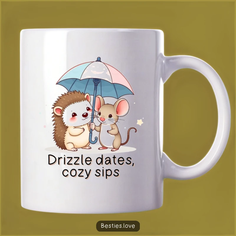 Funny Hedgehog & Mouse Mug: Brave Pals Share Tiny Umbrella Against the Rain