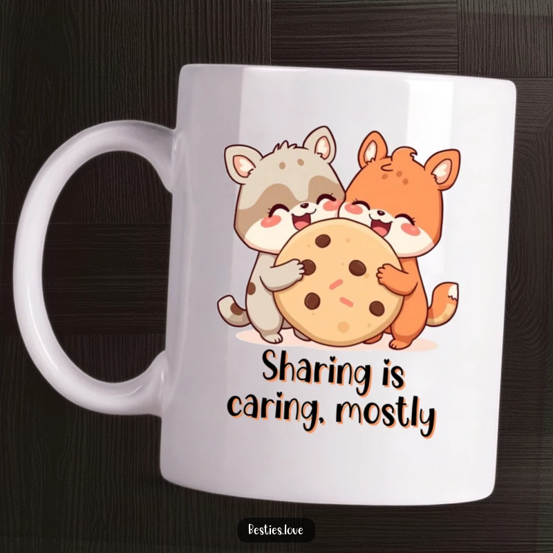 Funny mug with two cheerful animal friends sharing a massive, delicious cookie with wide smiles, embodying pure friendship and joy.