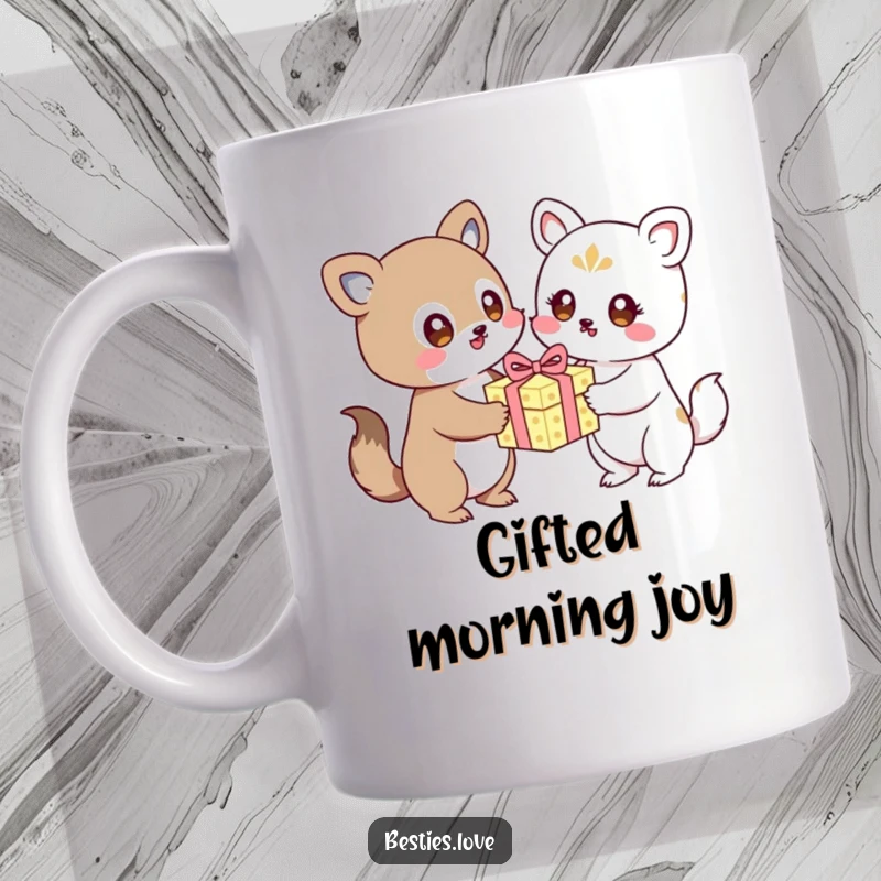 Funny kawaii animals excitedly exchanging a birthday gift, a joyful and humorous mug, perfect for celebrations.