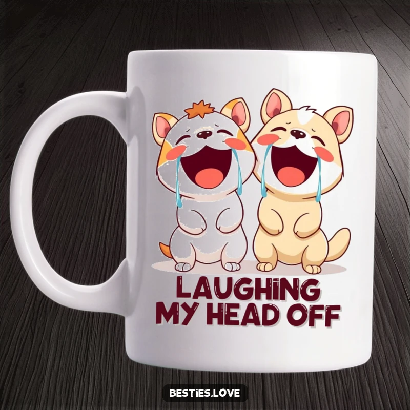 Funny mug showing two animals absolutely bursting with laughter, tears streaming down their faces, symbolizing extreme happiness and humor.