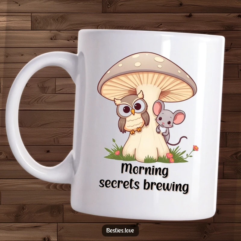 Funny mug featuring a wise owl and a tiny mouse best friends peeking curiously from behind a large, colorful mushroom.