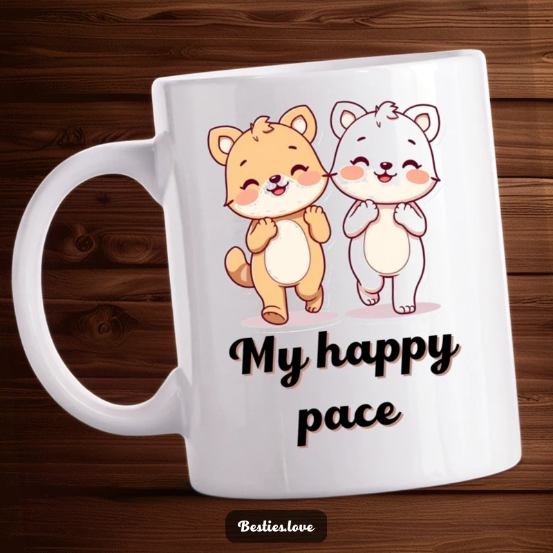 Funny kawaii animals holding paws and walking happily together, symbolizing friendship on a delightful mug, perfect gift.