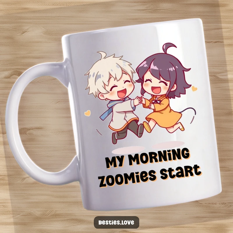 Funny Mug featuring two characters in a playful, giggling chase around in circles, radiating pure, lighthearted fun and energy.