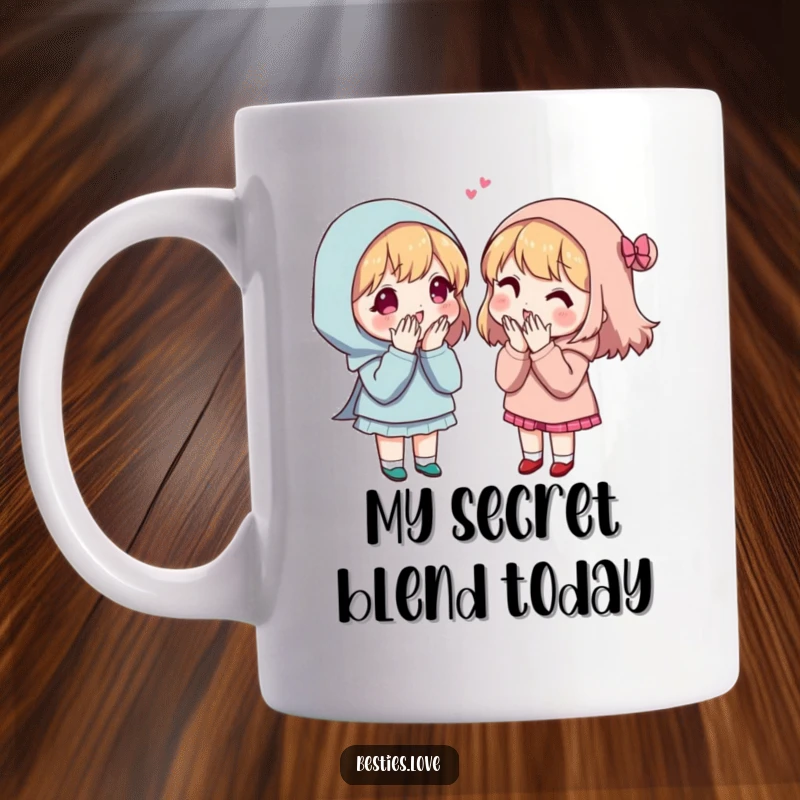 Funny Secret Sharing Friends Mug showing two pals leaning in close, whispering secrets with comical, exaggerated expressions.
