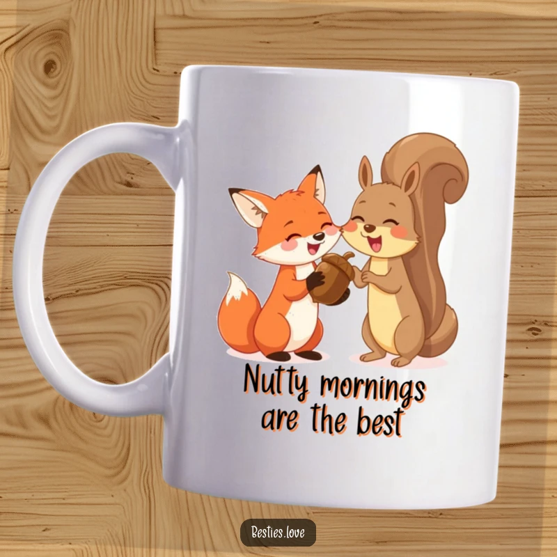 Funny mug with a happy fox and energetic squirrel sharing a giant acorn and laughing heartily together, showcasing woodland friendship and joy.
