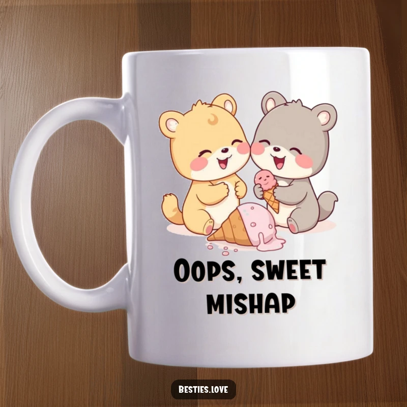 Funny animal pals mug, cute animals giggling uncontrollably over a dropped ice cream cone, a messy but happy moment.