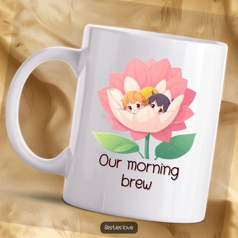 Funny mug with two cute characters peeking curiously from behind a giant, vibrant flower, embodying playful surprise.