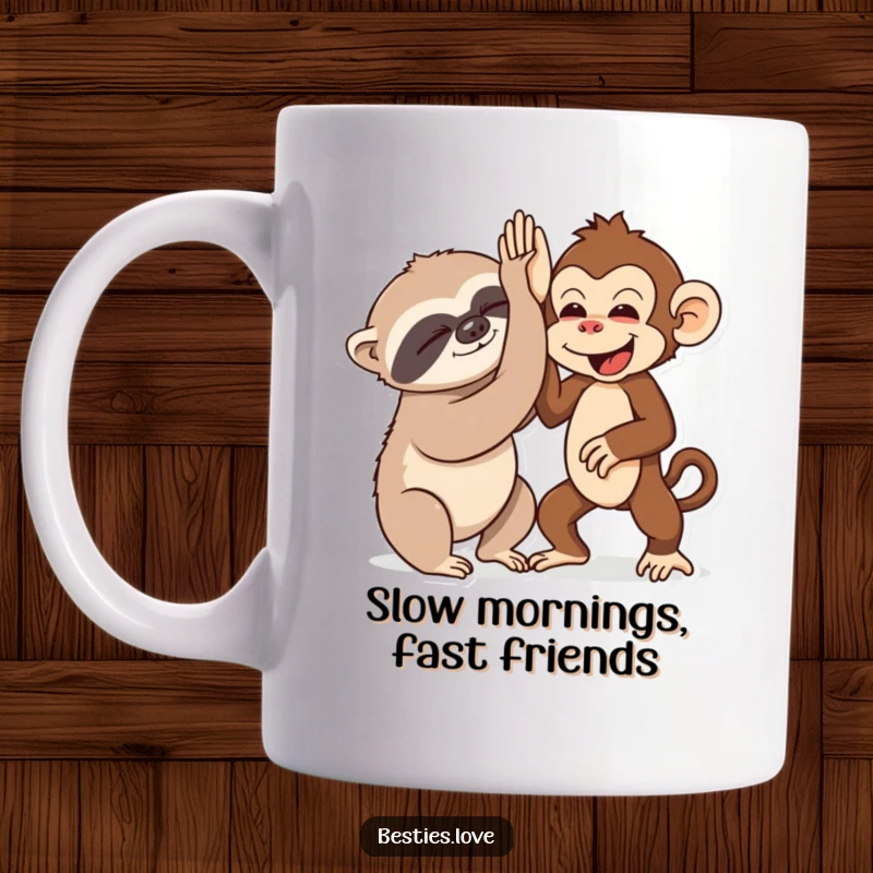 Funny mug showing a sleepy sloth and an energetic monkey giving each other a high-five, highlighting contrasting personalities.