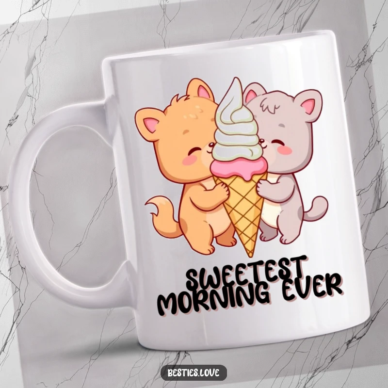 Funny animal friends mug showing two happy creatures sharing one gigantic ice cream cone, symbolizing sweet friendship and joy.
