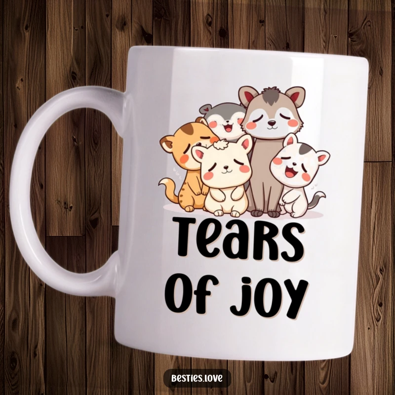 Funny animal friends mug showing a group of whimsical creatures laughing uncontrollably, with teary eyes expressing pure mirth.