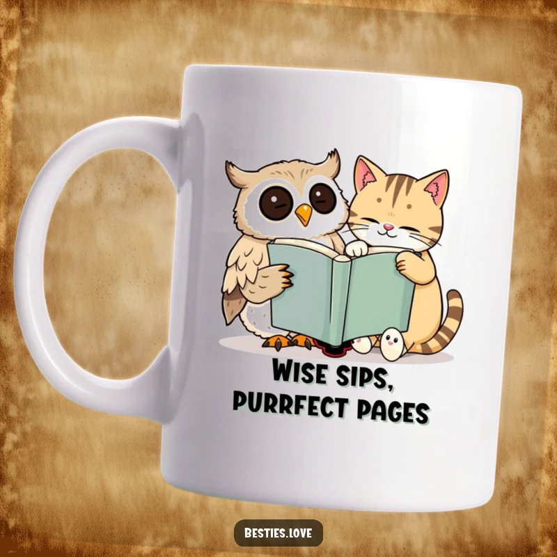 Funny mug showing a happy owl and a dozing cat side-by-side, both smiling contentedly while sharing a very large book.