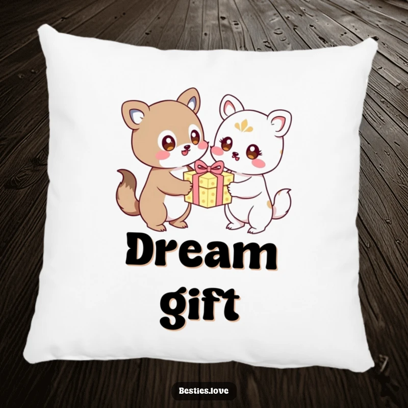 Funny kawaii animals excitedly exchanging a birthday gift, a soft and decorative pillow, festive gift.