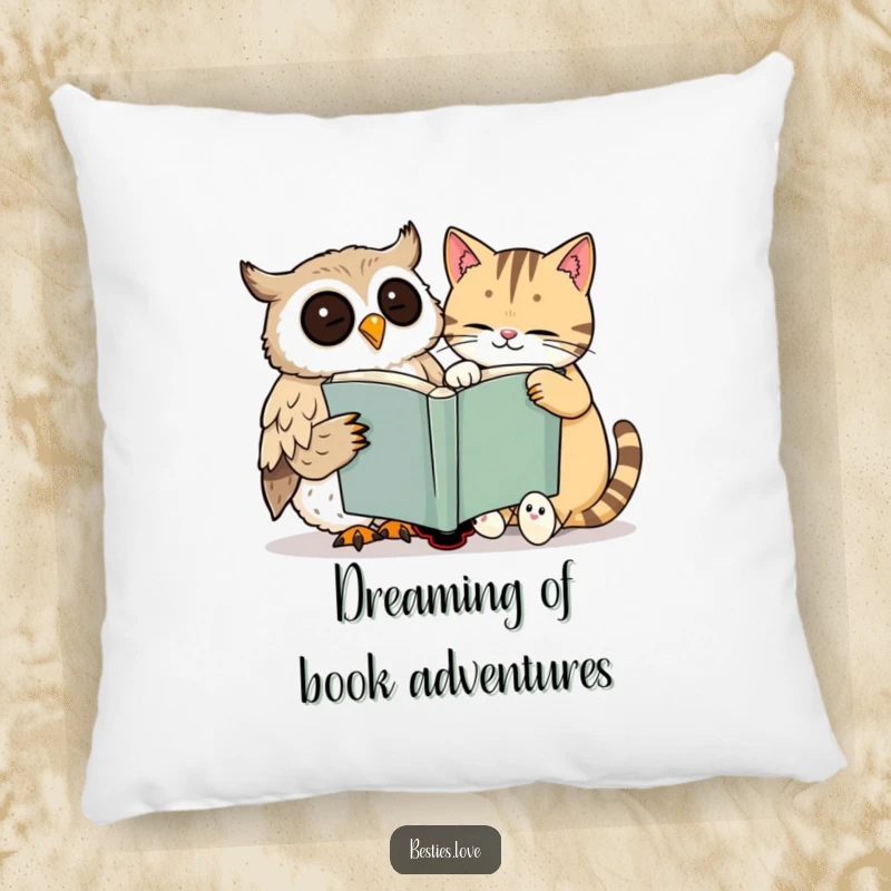 Funny pillow showing a happy owl and a dozing cat smiling while sharing a huge book, providing comfort and a touch of literary fun.