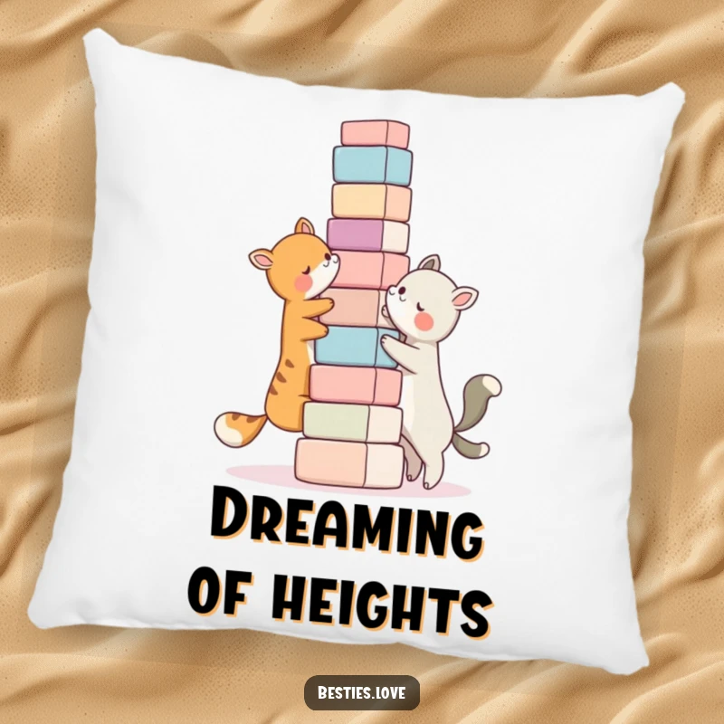 Funny bestie pillow, two animal characters building a ridiculously tall tower of blocks together, comfortable and decorative.