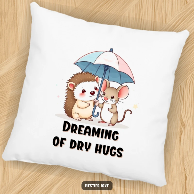 Funny pillow depicting a timid hedgehog and a courageous mouse sharing a tiny umbrella, offering comfort and a touch of bravery.