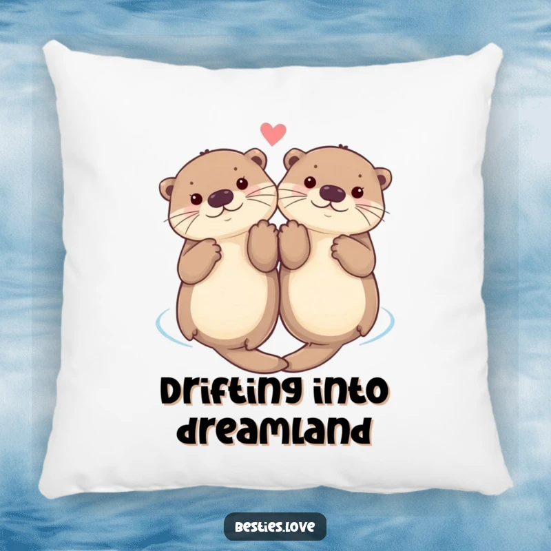 Funny pillow showing two cute otters floating on their backs, holding paws, offering comfort and a symbol of unwavering friendship.