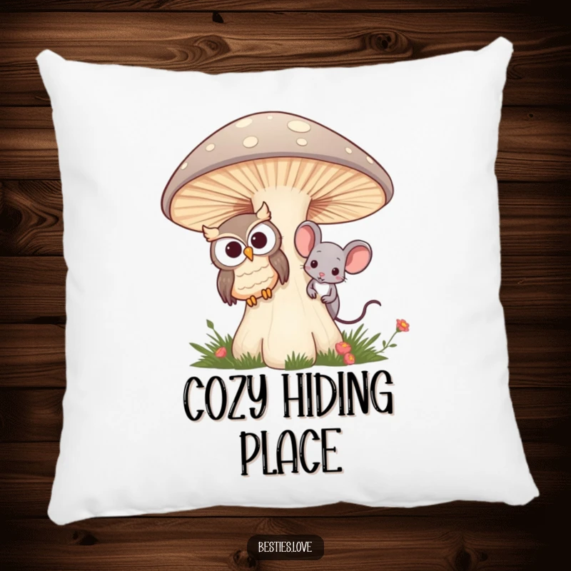 Funny pillow designed with an owl and mouse best friends peeking curiously from behind a mushroom, perfect for relaxation.