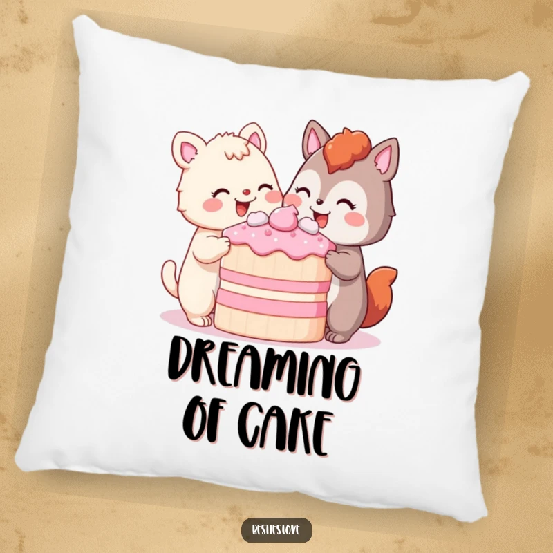 Funny Pillow featuring two animals happily sharing a huge piece of cake, their contented smiles creating a cozy and humorous atmosphere for relaxation.