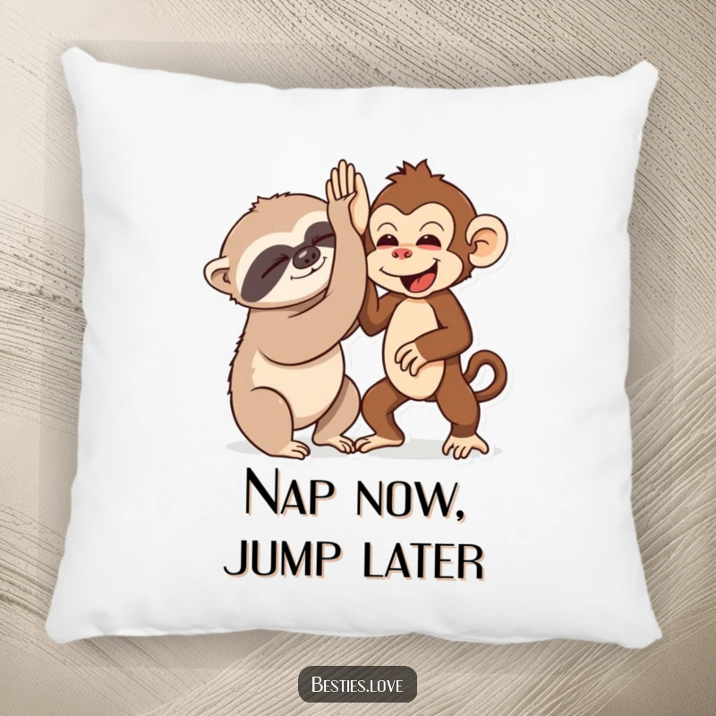 Funny pillow displaying a sleepy sloth and an energetic monkey high-fiving, bringing comfort and humor to a room.
