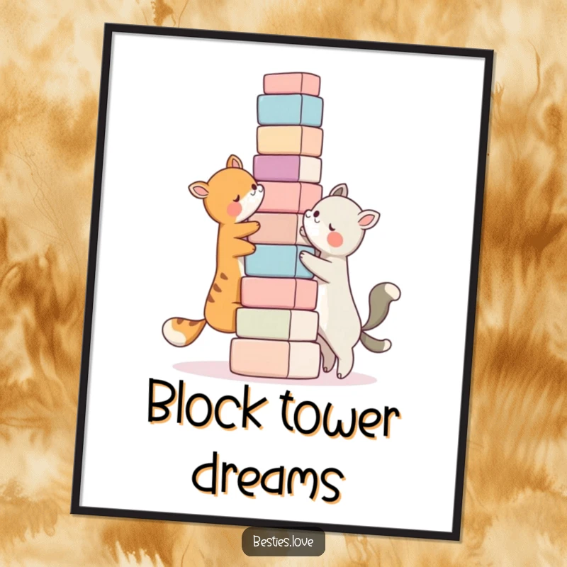 Funny bestie digital art print, two animal characters building a ridiculously tall tower of blocks together, instant download.