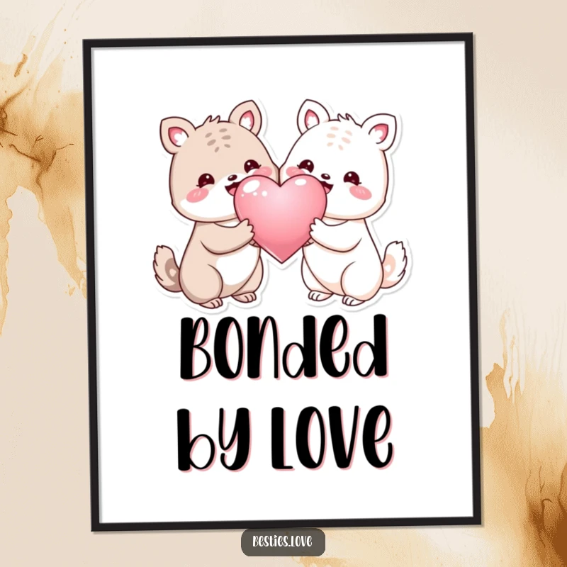 Funny digital art print of two smiling animals sharing a large shiny heart, offering instant joy and love to any space.